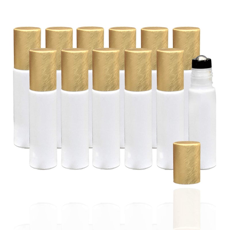 holistic oils 12-Pack 10ml White Glass Roller Bottles with Brushed Gold Leakproof Caps â€“ Refillable Roll-On Bottles with Updated Roller Insert for Essential Oils, Serums, Perfumes, and DIY Aromatherapy - Image 1